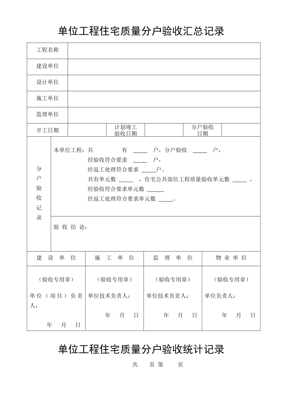 单位工程住宅质量分户验收汇总记录_第1页