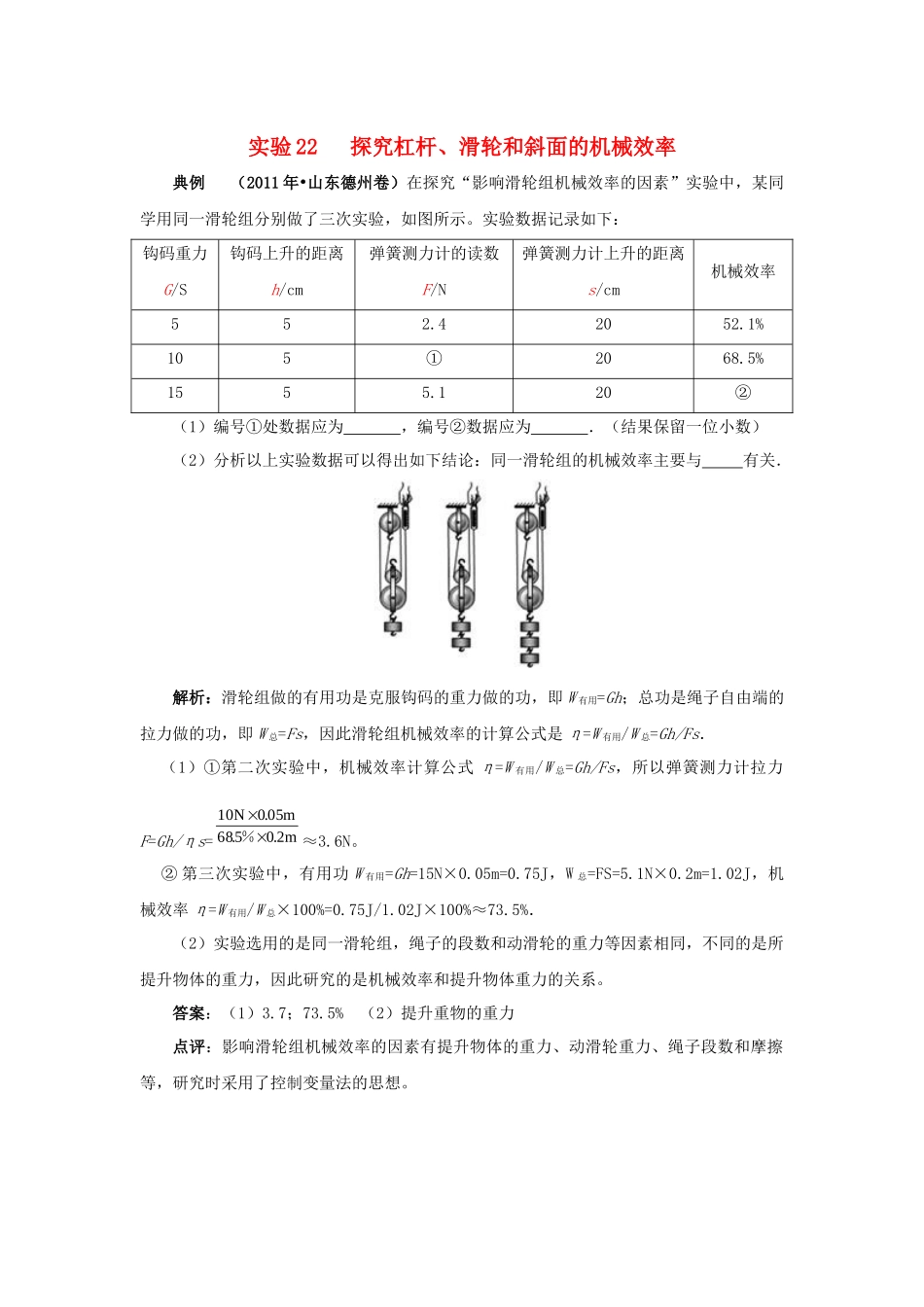 实验22 探究杠杆、滑轮和斜面的机械效率精品试题分类汇编_第1页