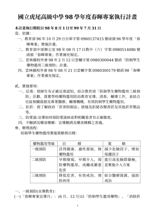 国立虎尾高级中学98学年度春晖专案执行计画
