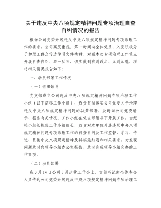 关于违反中央八项规定精神问题专项治理自查自纠情况的报告