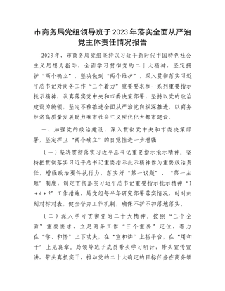 市商务局党组领导班子2023年落实全面从严治党主体责任情况报告