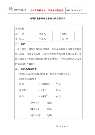 坍塌倒塌事故应急准备与响应预案表