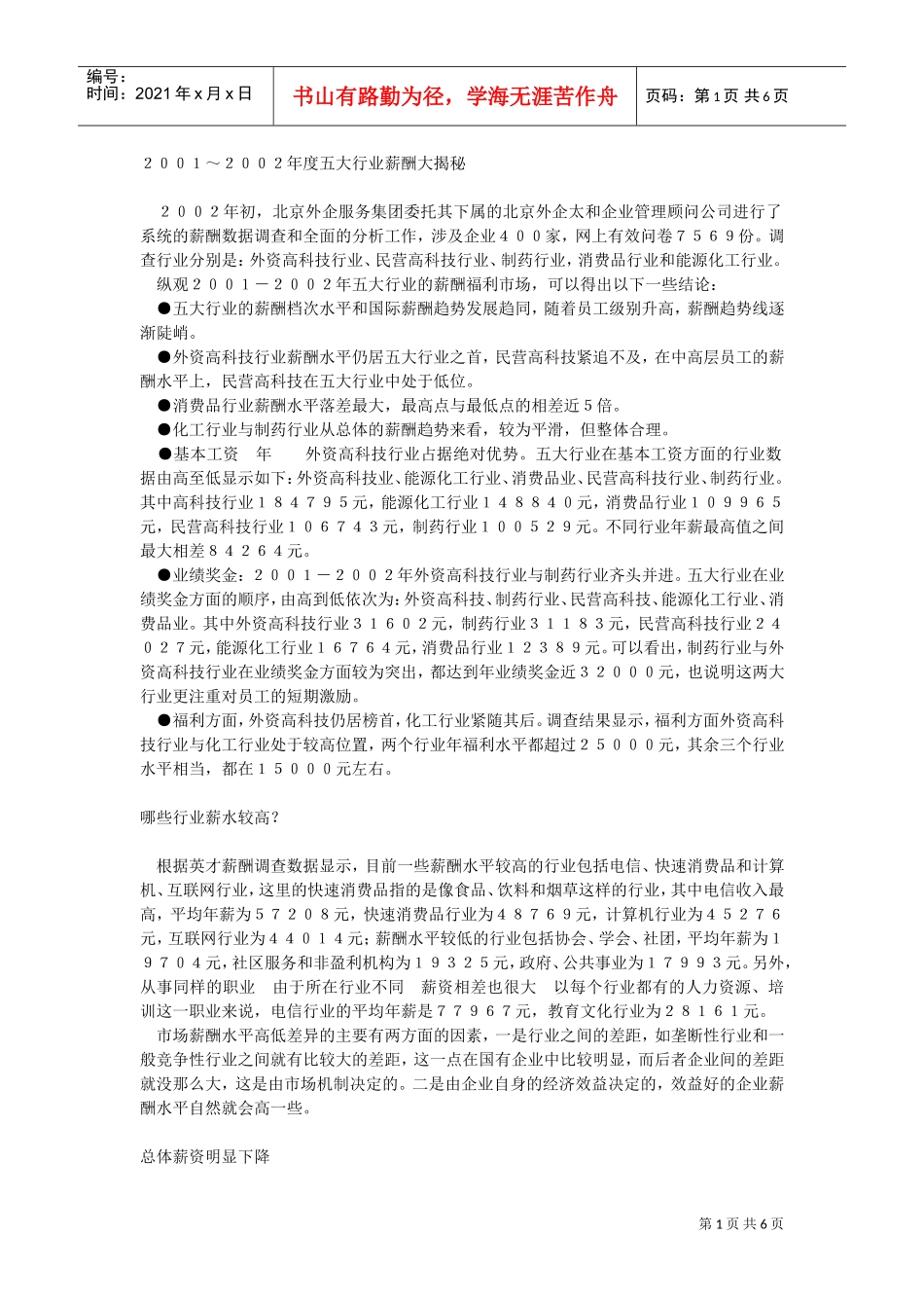 国内主要行业薪酬管理制度调查_第1页