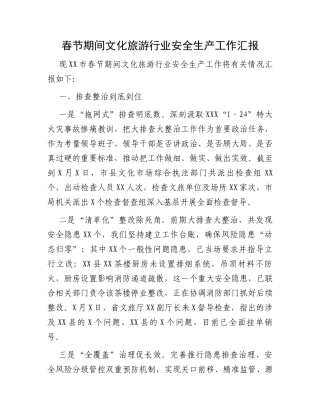 春节期间文化旅游行业安全生产工作汇报