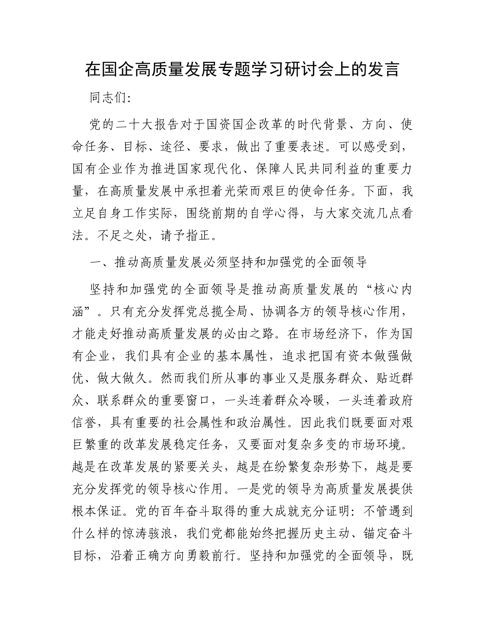 在国企高质量发展专题学习研讨会上的发言_第1页