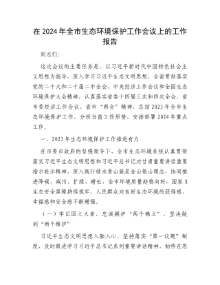 在2024年全市生态环境保护工作会议上的工作报告