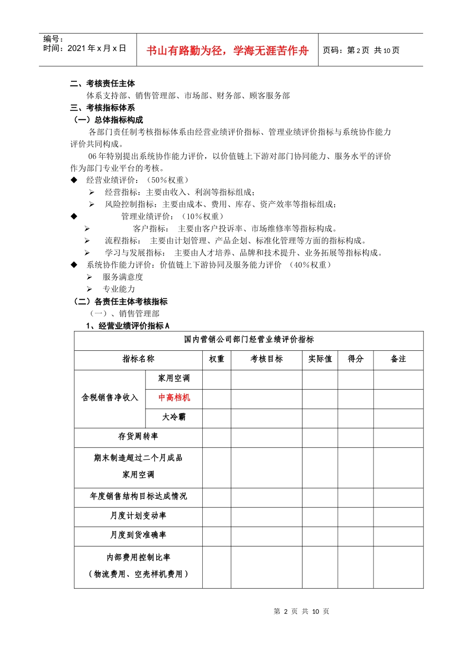国内营销公司职能部门目标责任考核手册_第2页