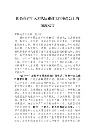 国企在青年人才队伍建设工作座谈会上的交流发言