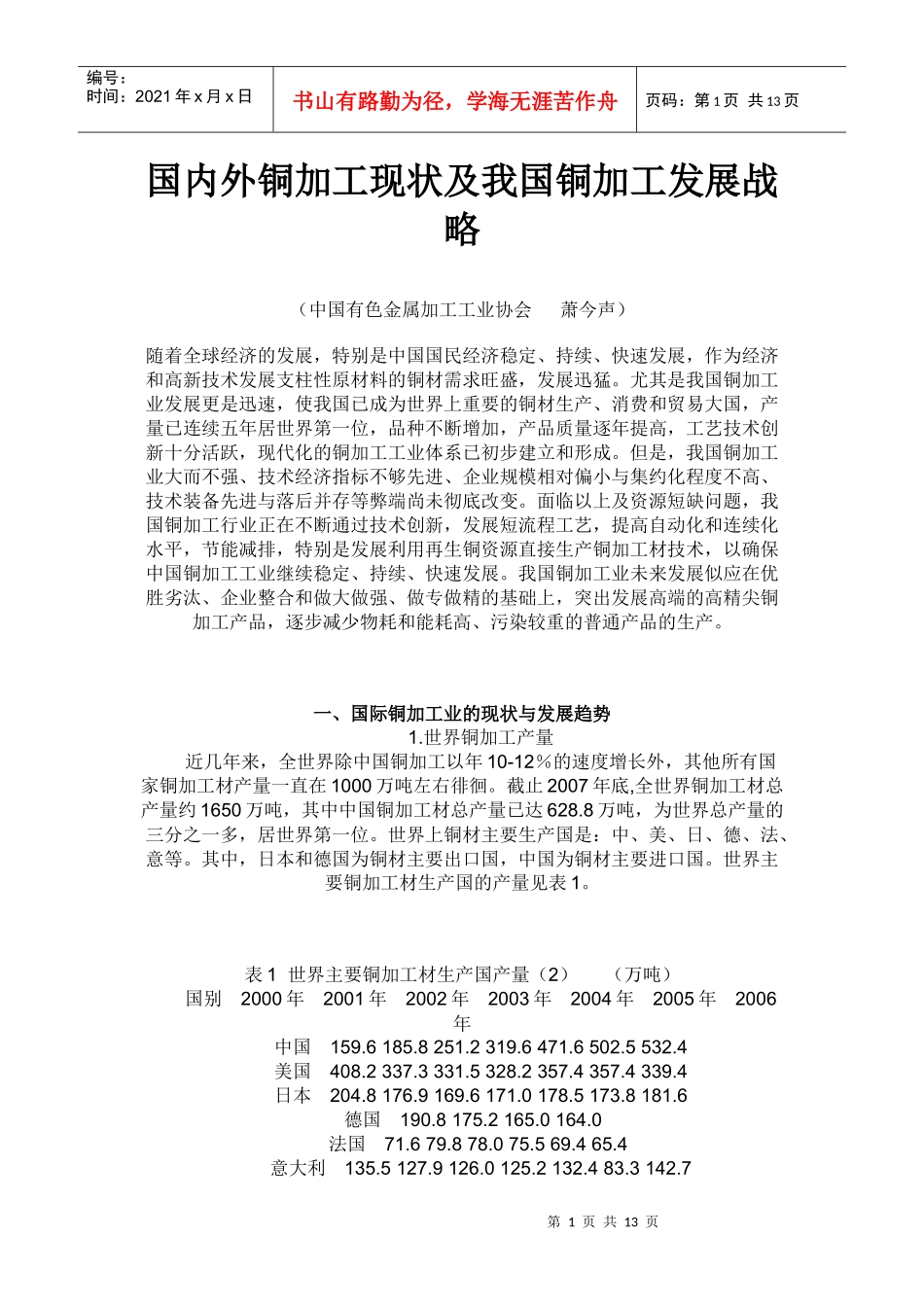 国内外铜加工现状及我国铜加工发展战_第1页