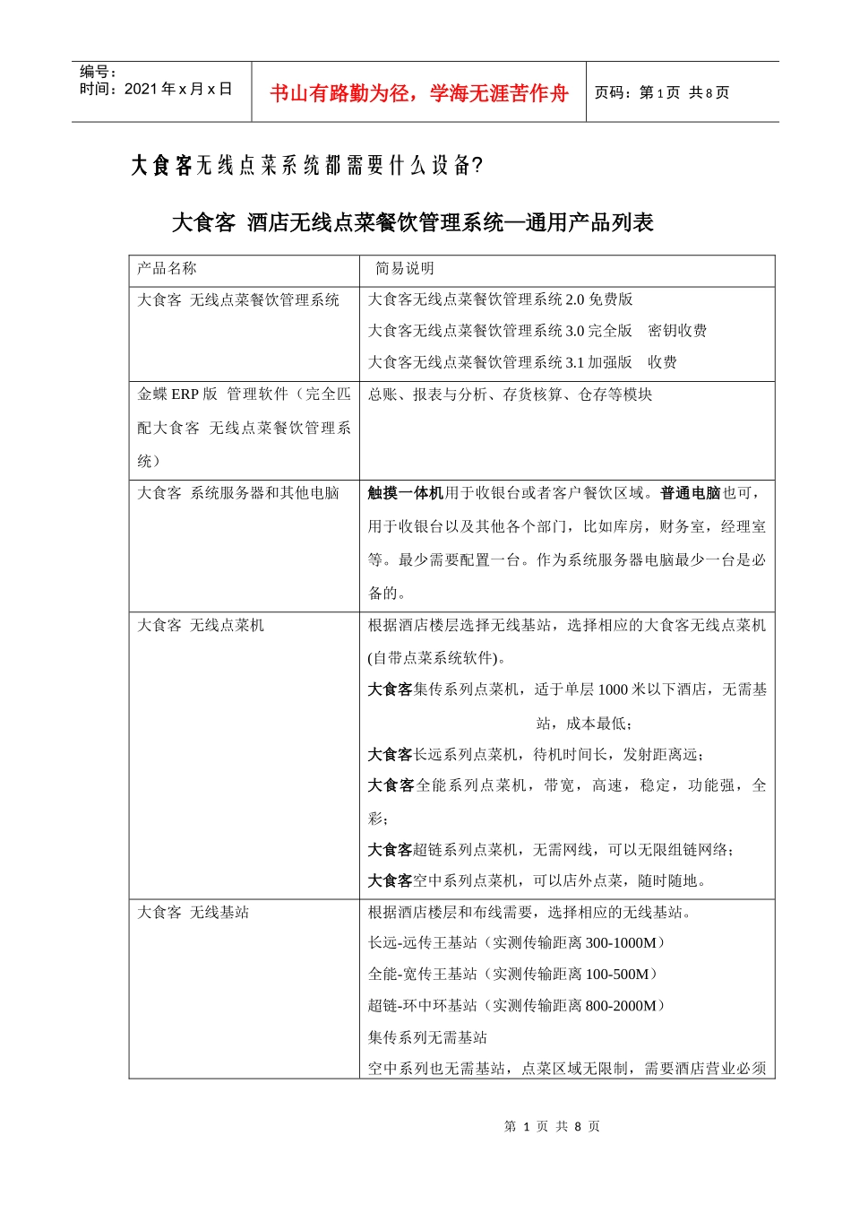 大食客 无线点菜通用产品列表_第1页