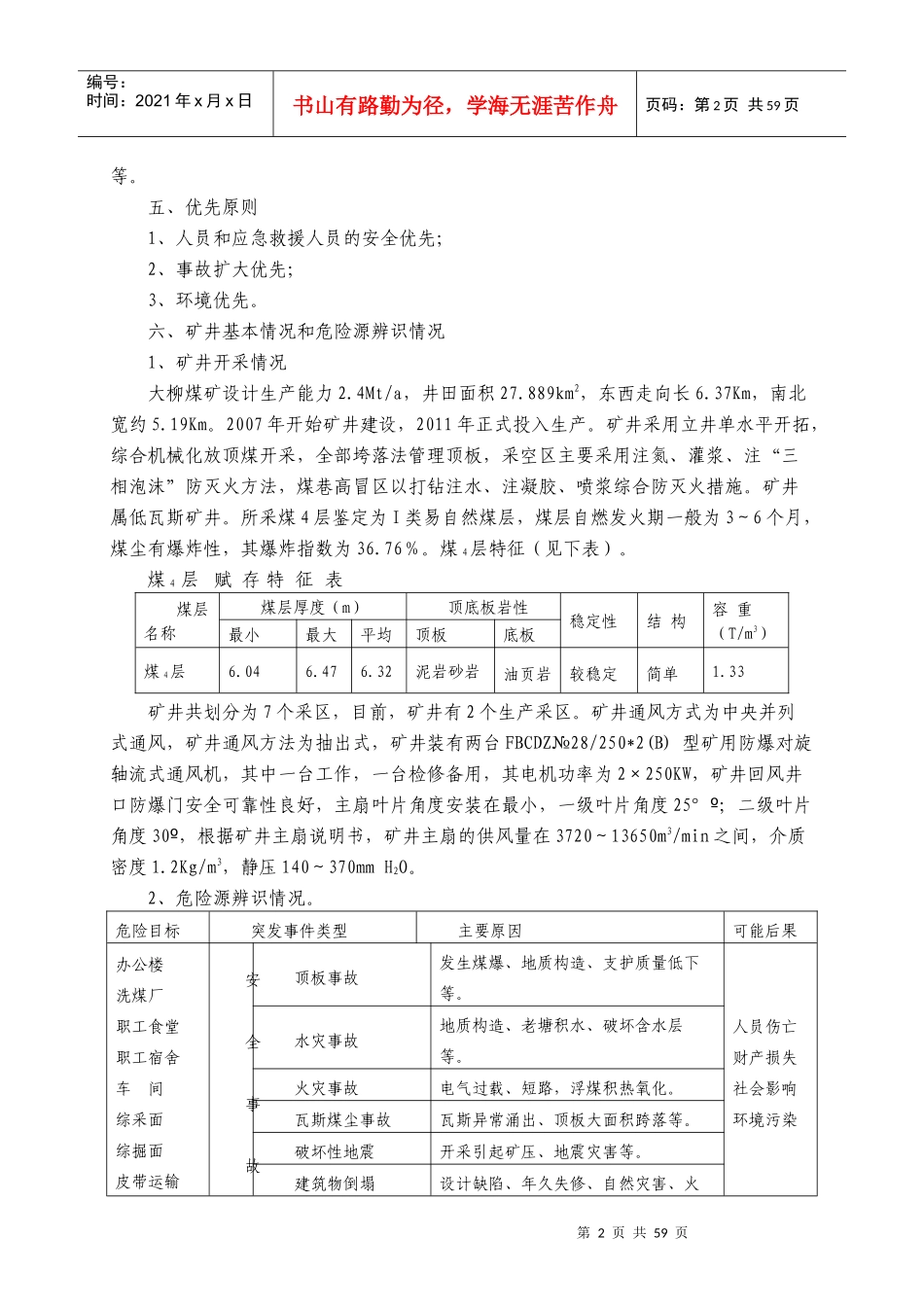 大柳煤矿公司XXXX年安全生产应急救援预案(生产科修订)(_第2页