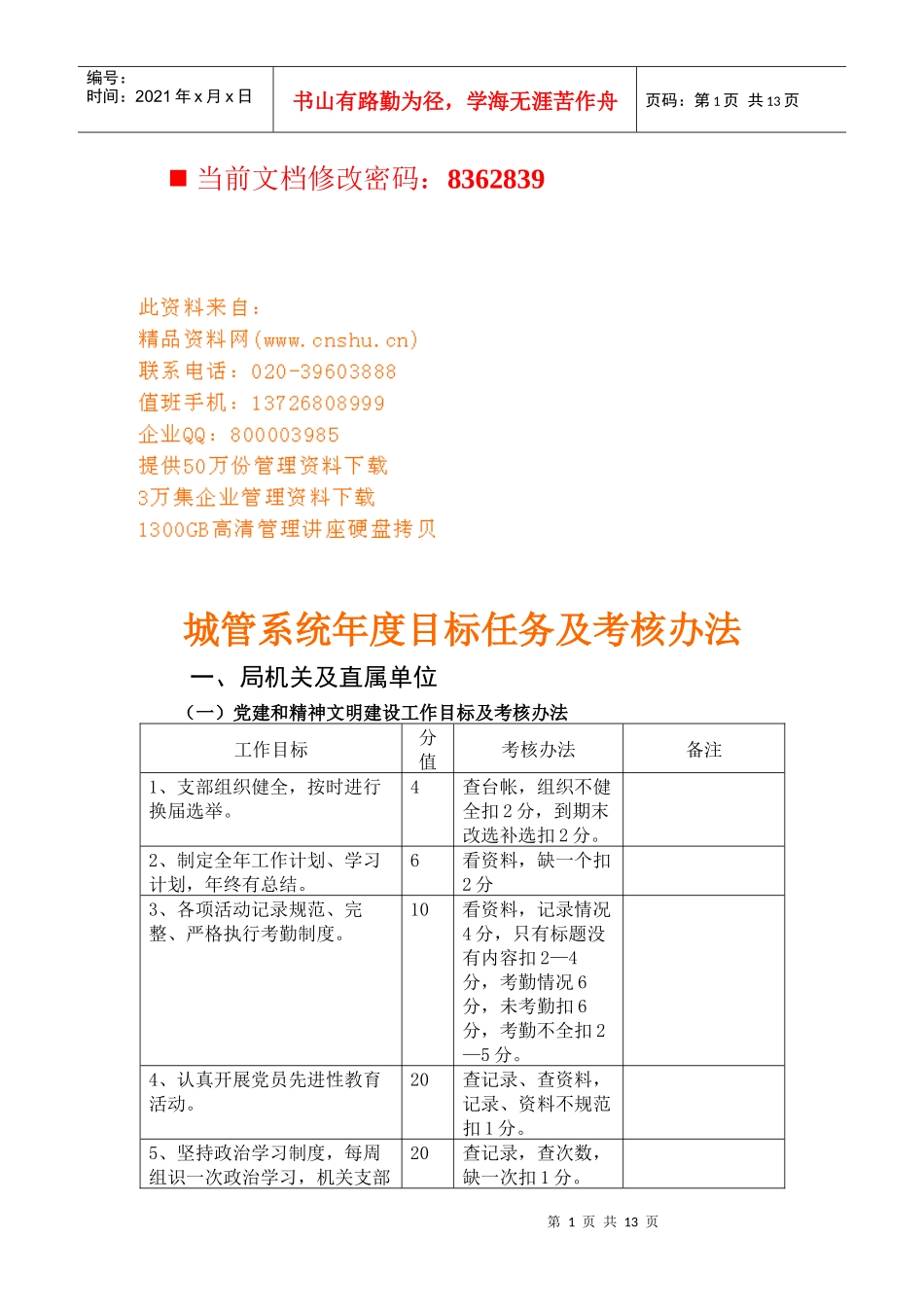 城管系统年度目标及考核方法概述_第1页