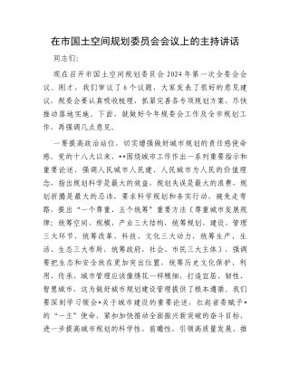在市国土空间规划委员会会议上的主持讲话