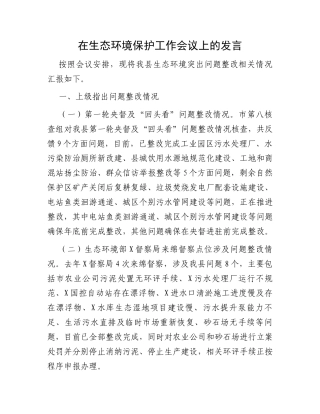 在生态环境保护工作会议上的发言