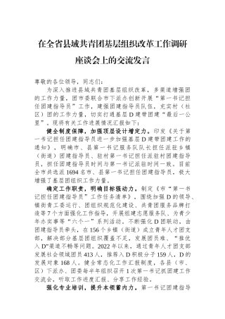 在全省县域共青团基层组织改革工作调研座谈会上的交流发言