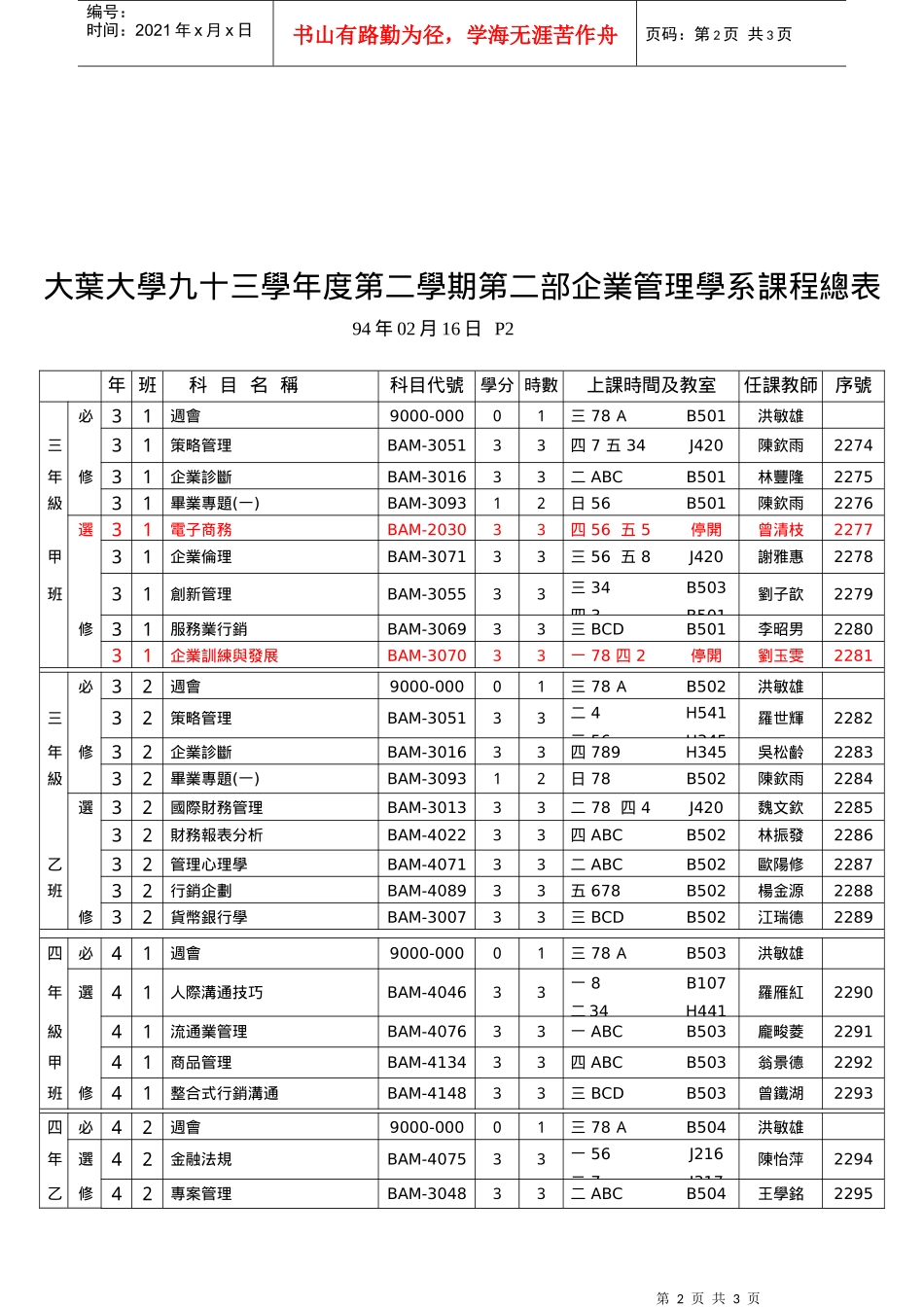 大叶大学九十三学年度第二学期第二部企业管理学系课程..._第2页