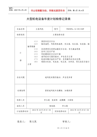 大型机电设备年度计划检修记录表