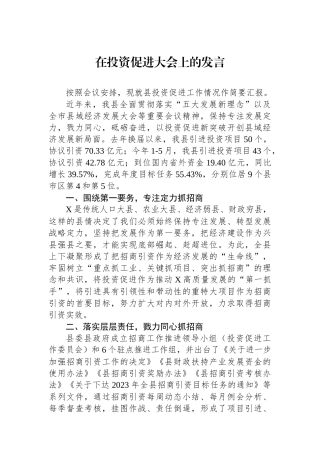 在投资促进大会上的发言