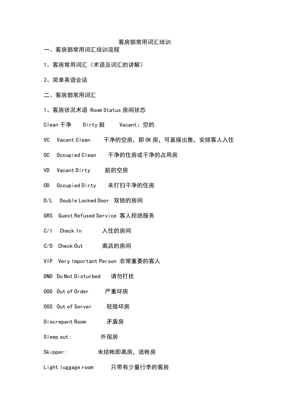 客房部常用词汇培训_第1页