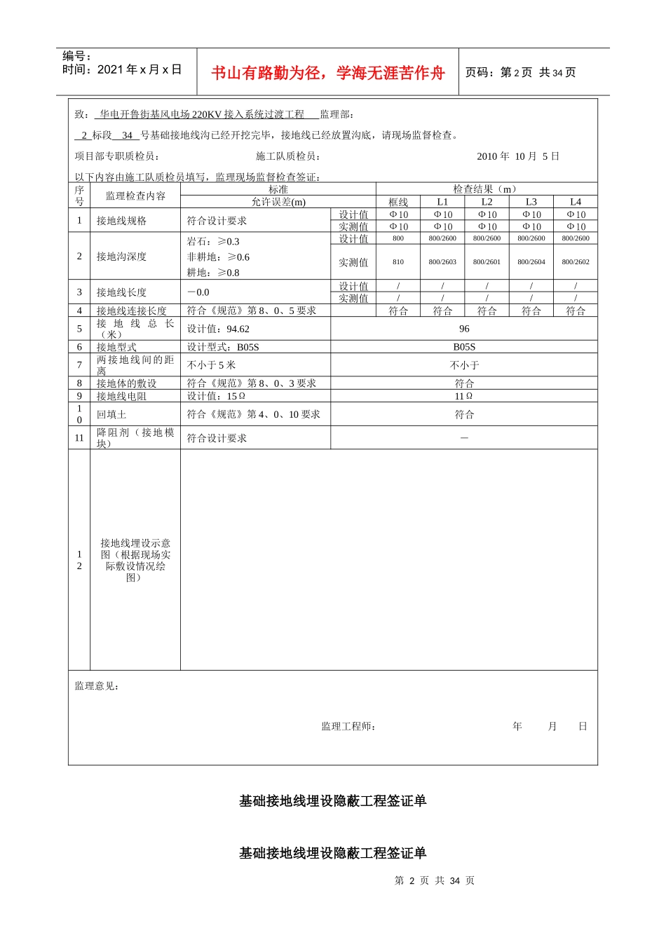 基础接地线埋设隐蔽工程签证单_第2页