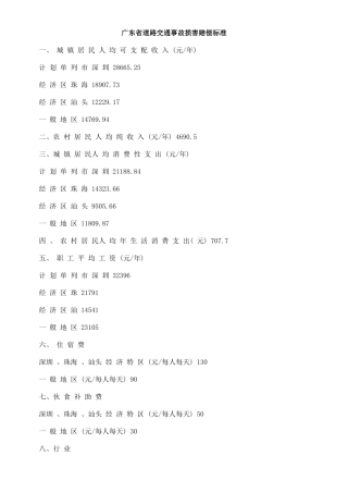 广东省道路交通事故损害赔偿标准