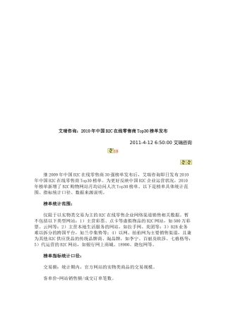 我国B2C在线零售商年度Top30榜单发布