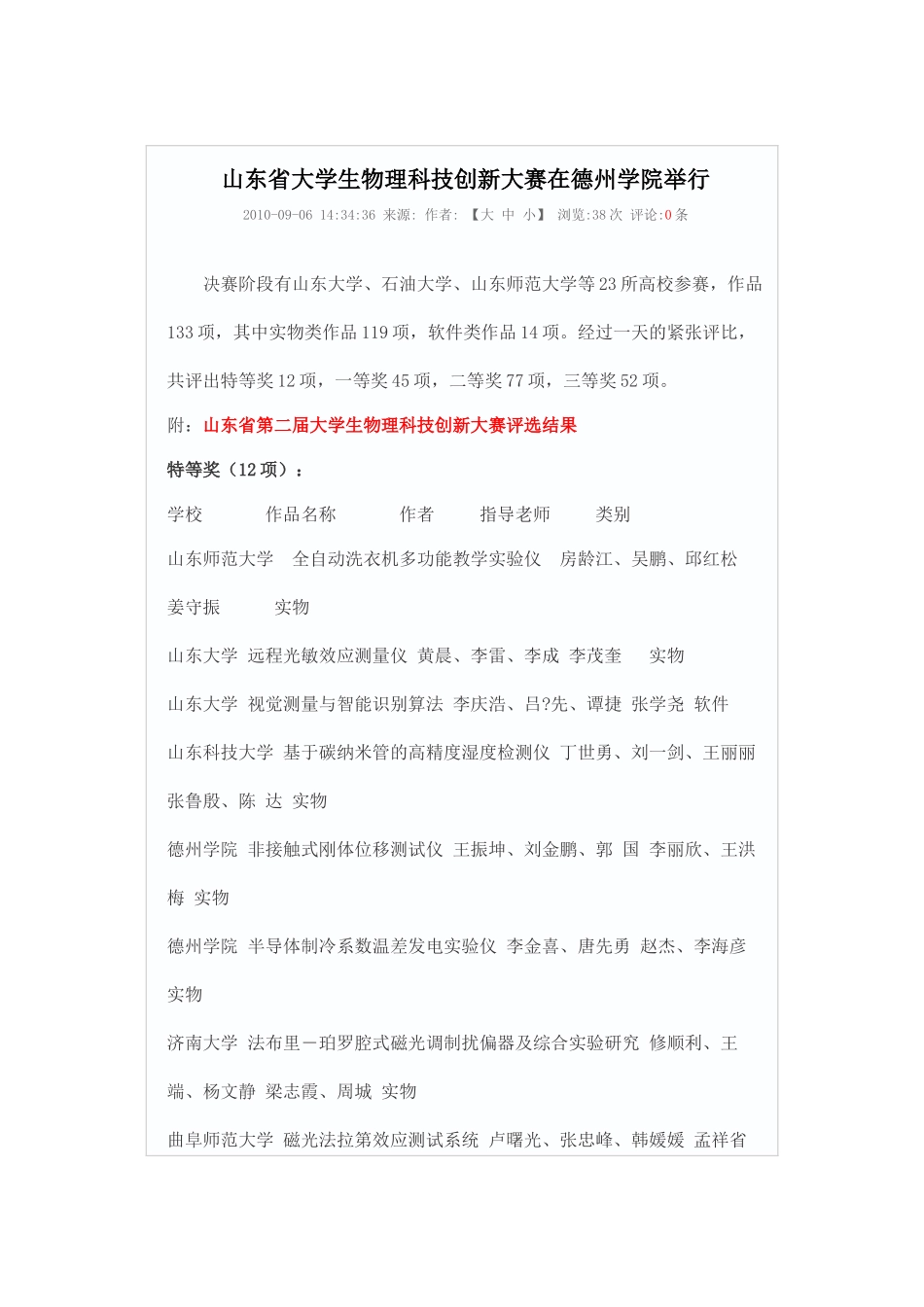 山东省第二届大学生物理科技创新大赛评选结果_第1页