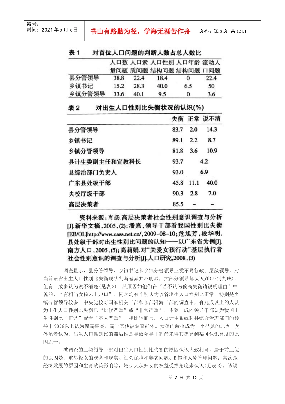 基层领导干部对出生人口性别比失衡问题认知的比较分析_第3页