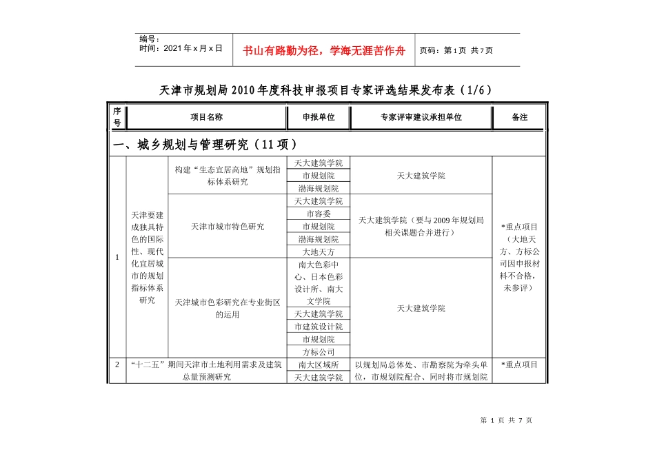 天津市规划局XXXX年度科技论文申报项目指南分类统计（13）_第1页