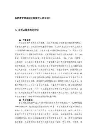 各酒店管理集团发展情况介绍和对比