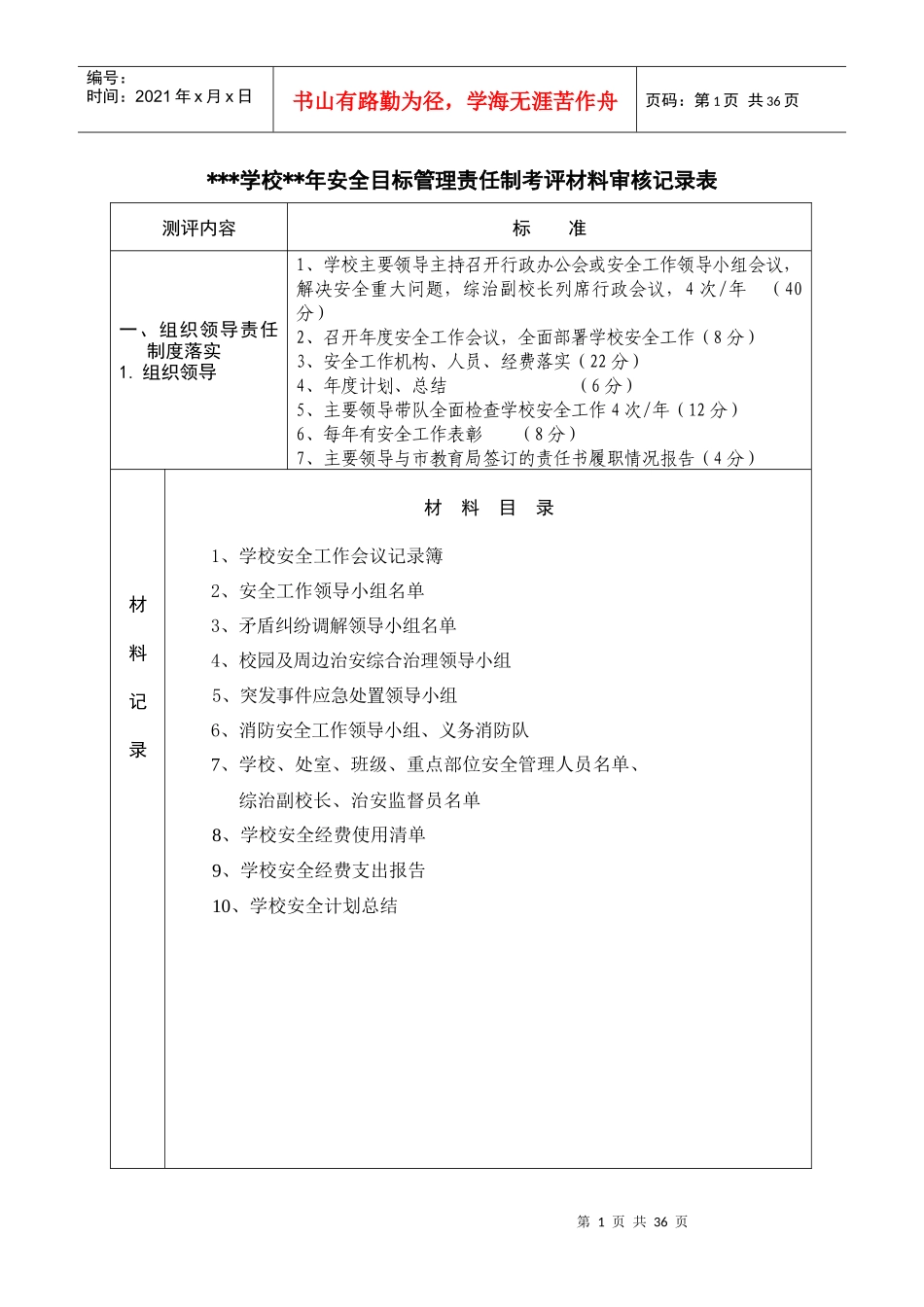 学校安全目标管理责任制考评材料审核表_第1页
