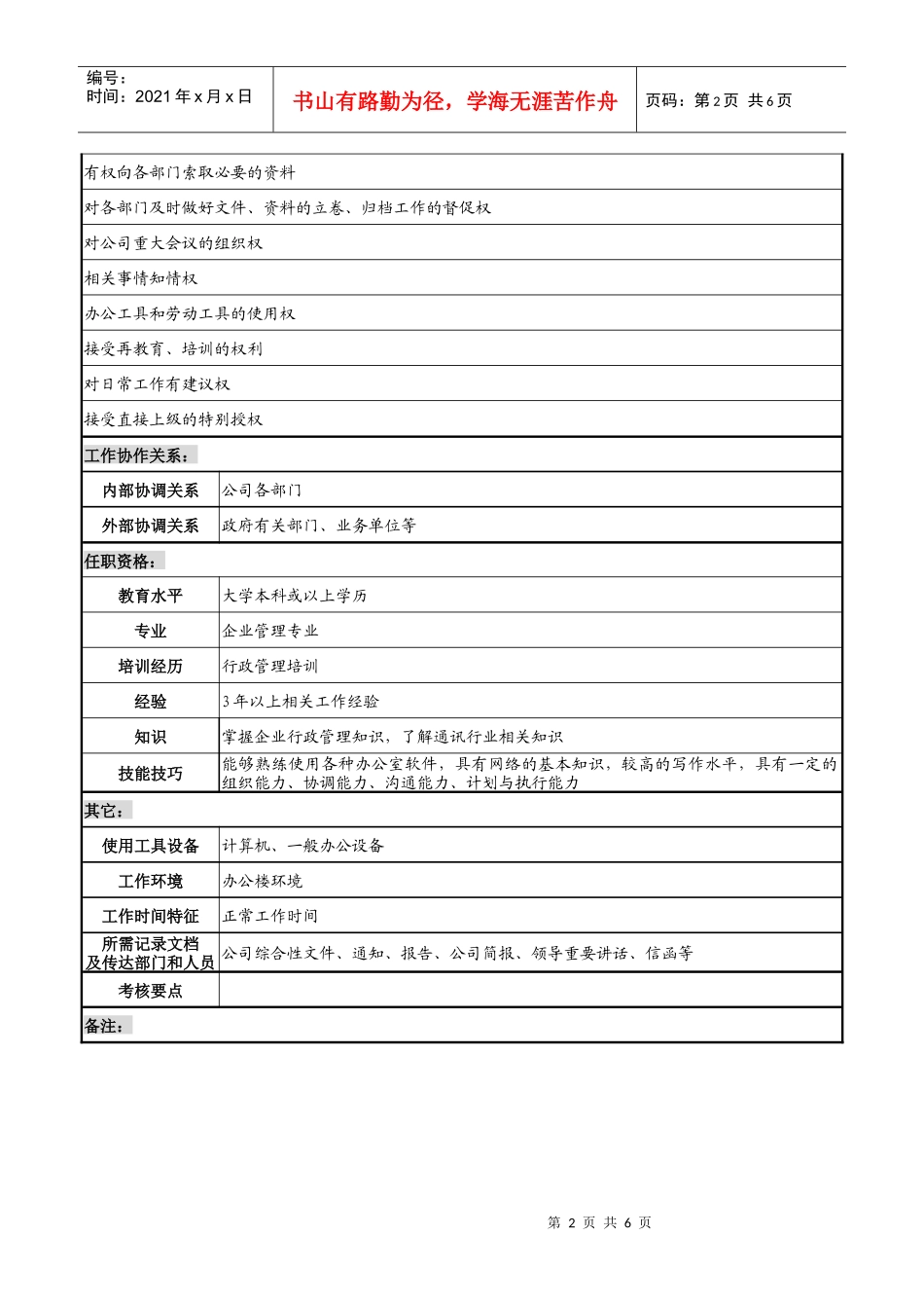 如何写企业行政管理岗职务说明书_第2页