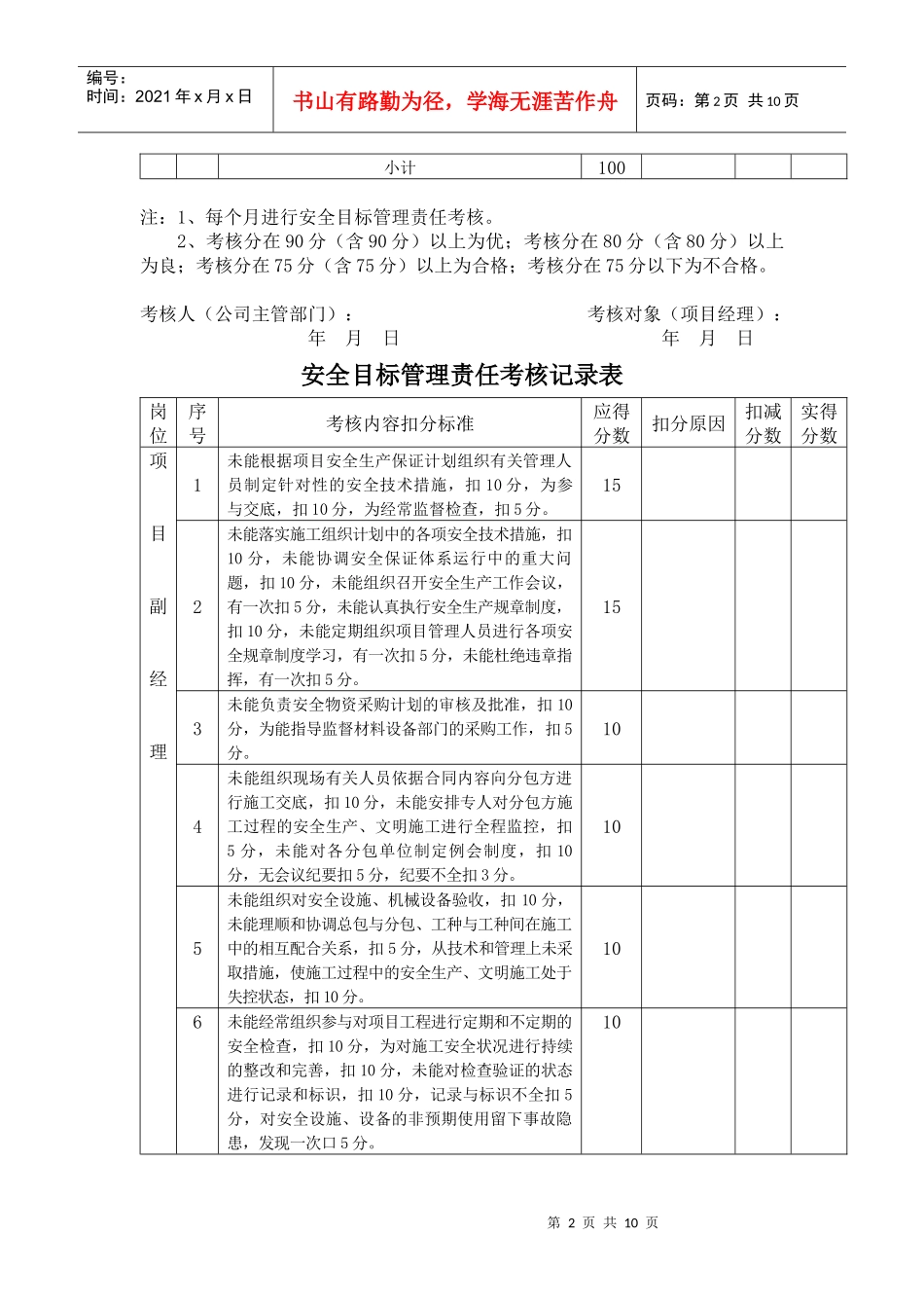 安全目标管理责任考核记录表_第2页