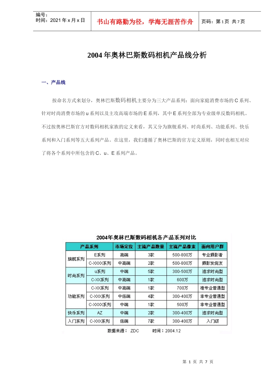 奥林巴斯数码相机产品线分析_第1页