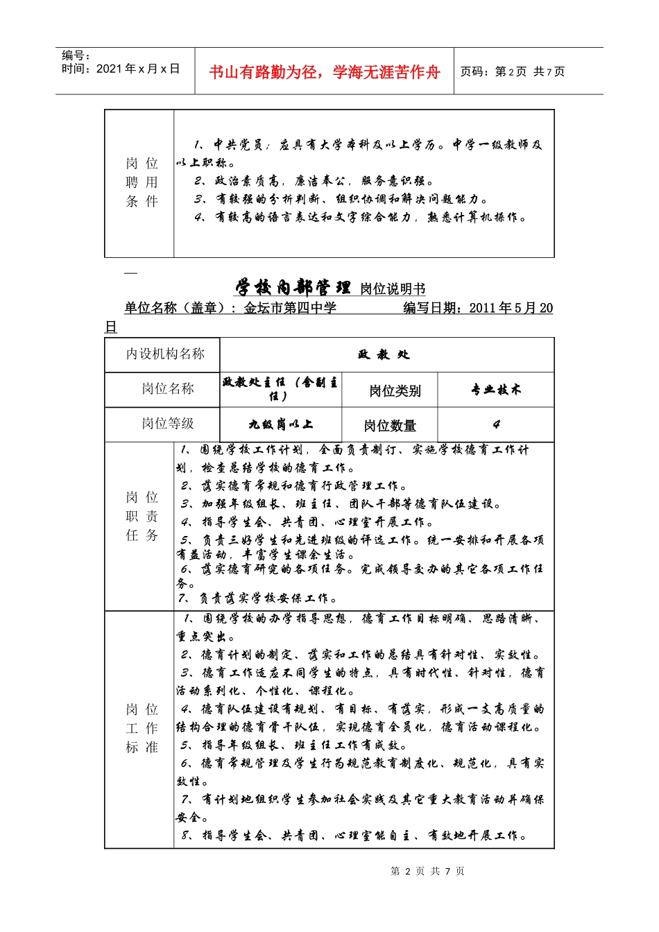 学校内部管理岗位说明书_第2页