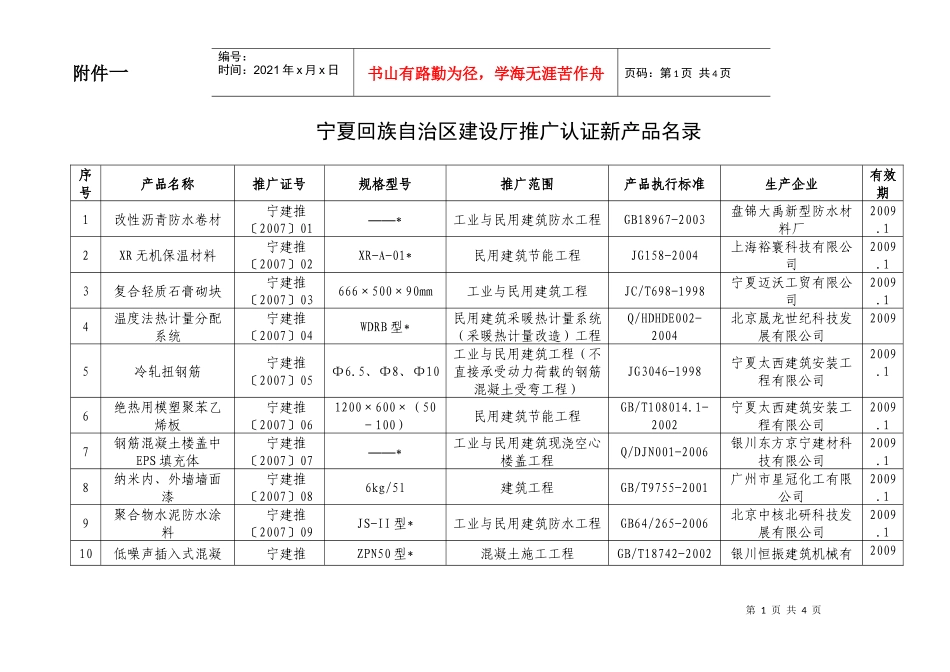 宁夏回族自治区建设厅推广认证新产品名录(1)_第1页
