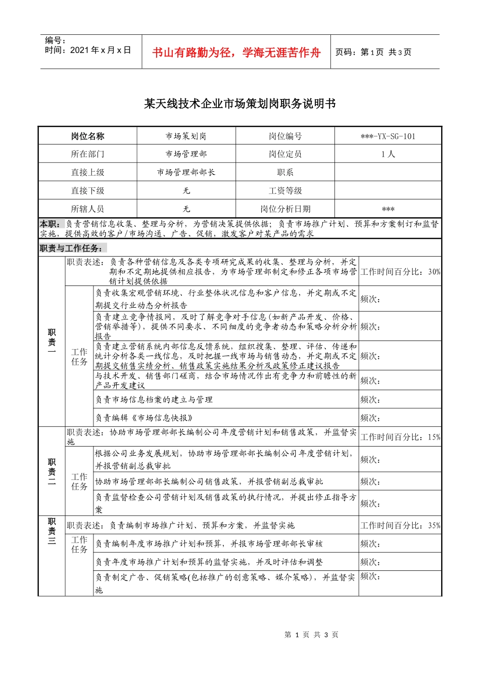 天线技术企业市场策划岗职务说明书_第1页