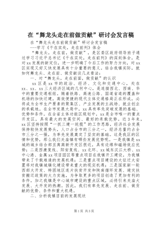 在“舞龙头走在前做贡献”研讨会发言