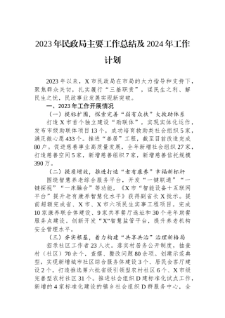2023年民政局主要工作总结及2024年工作计划
