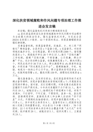 深化扶贫领域腐败和作风问题专项治理工作推进会发言稿范文