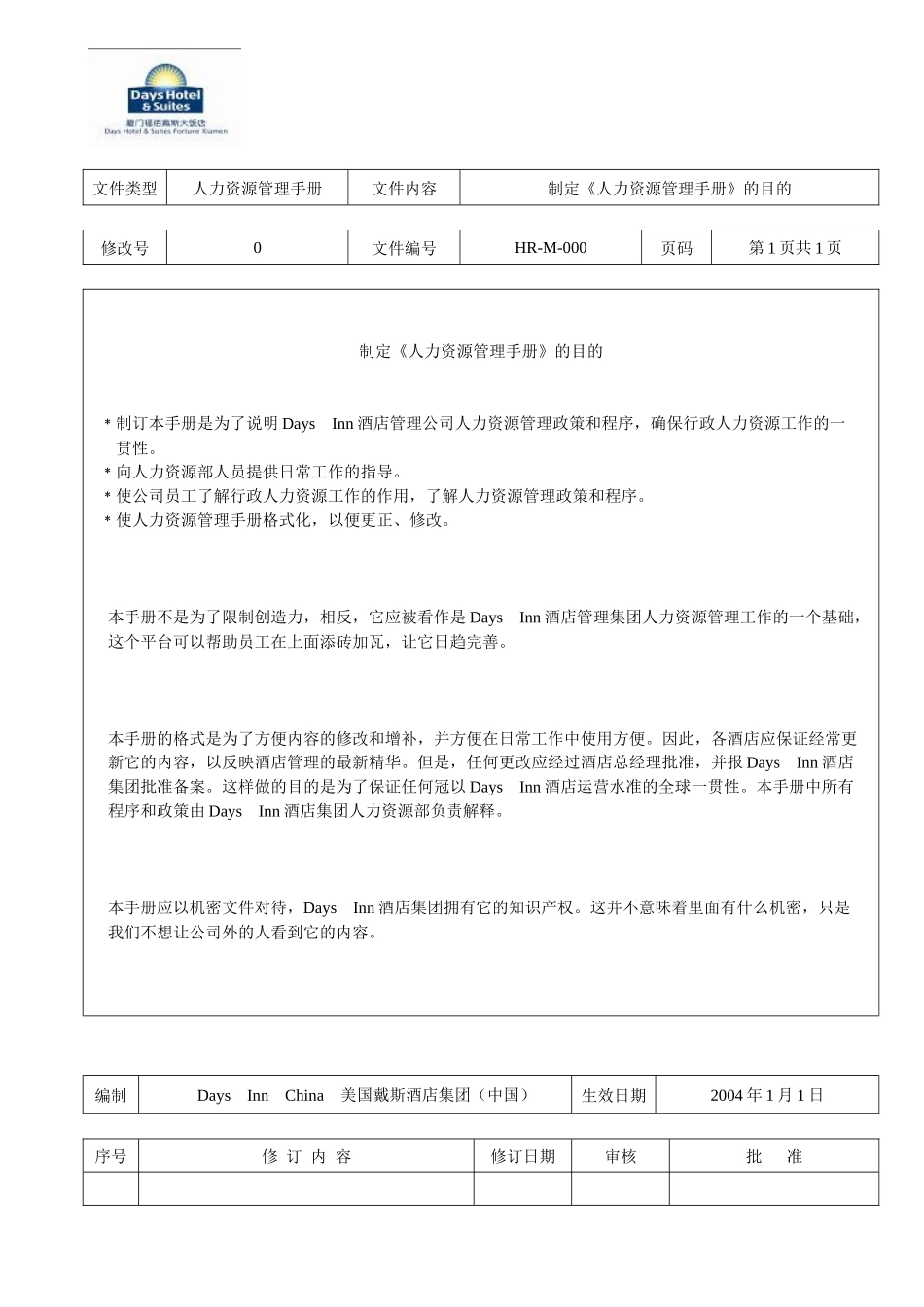 戴斯酒店人力资源全套人事政策和程序_第1页