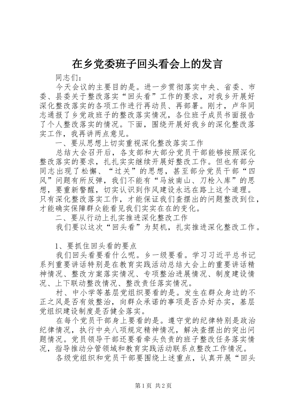 在乡党委班子回头看会上的发言稿_第1页