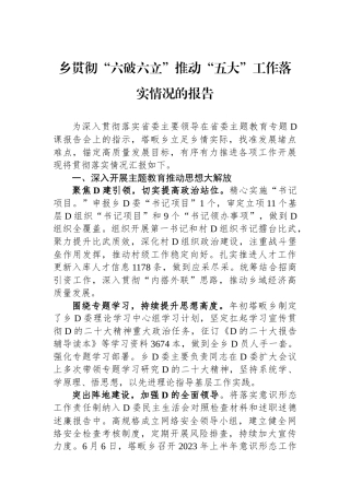 乡贯彻“六破六立”推动“五大”工作落实情况的报告