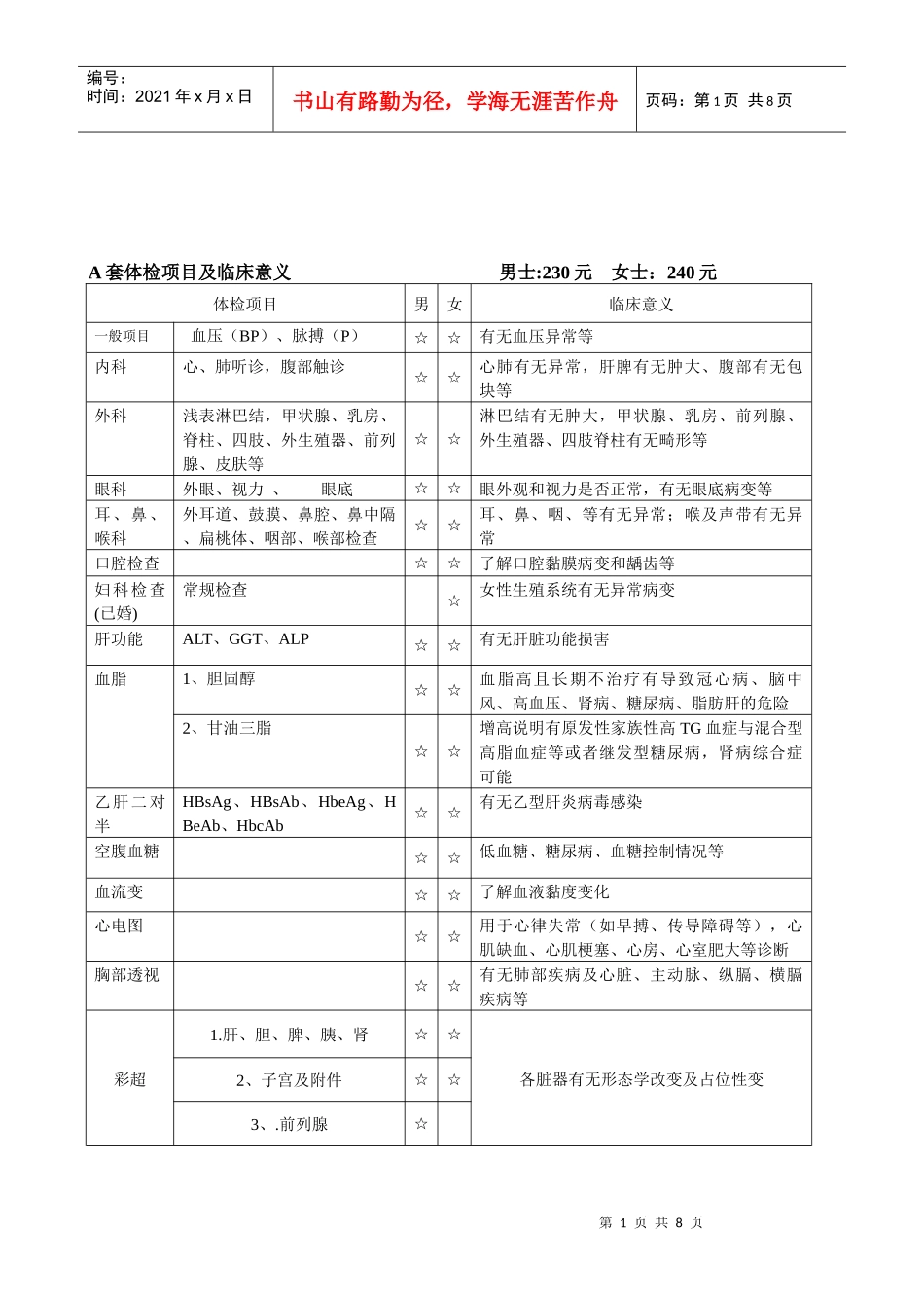 套体检项目及临床意义_第1页
