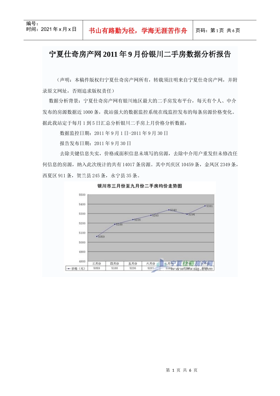 宁夏仕奇房产网XXXX年9月份银川二手房数据分析报告_第1页