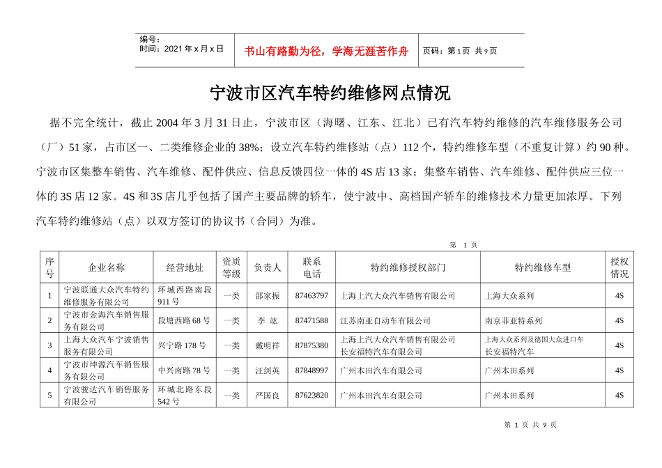 宁波市海曙区汽车特约维修站情况_第1页
