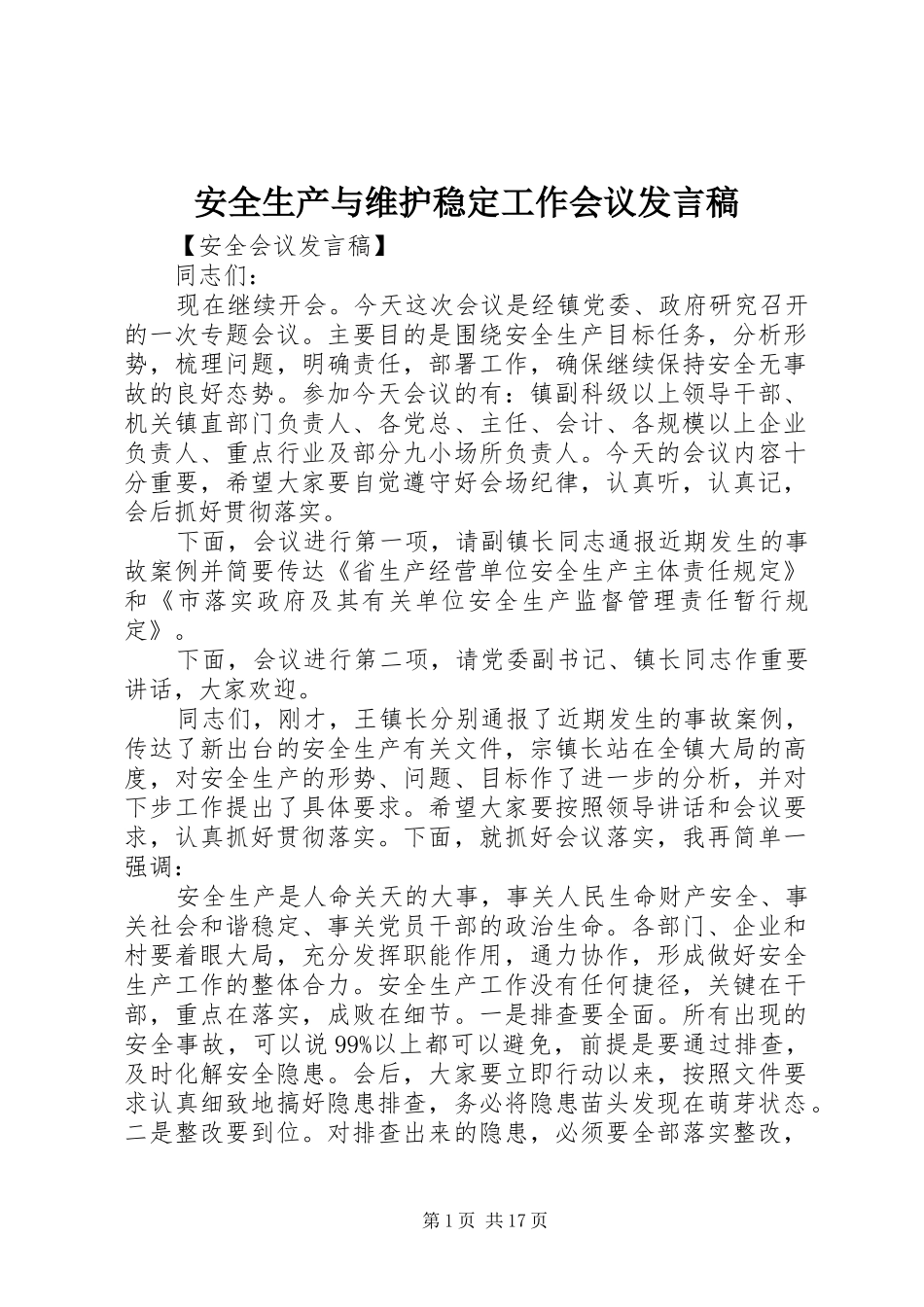 安全生产与维护稳定工作会议发言_第1页