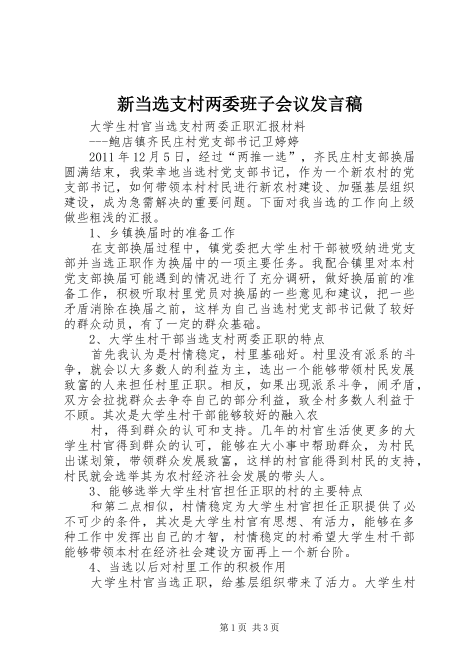 新当选支村两委班子会议发言稿范文_第1页