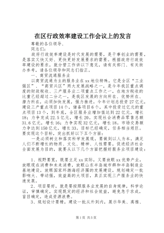 在区行政效率建设工作会议上的发言稿