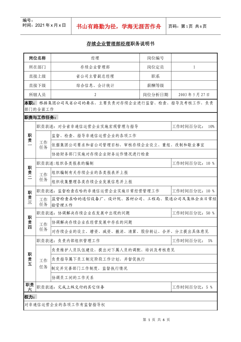 存续企业管理部职务说明书_第1页